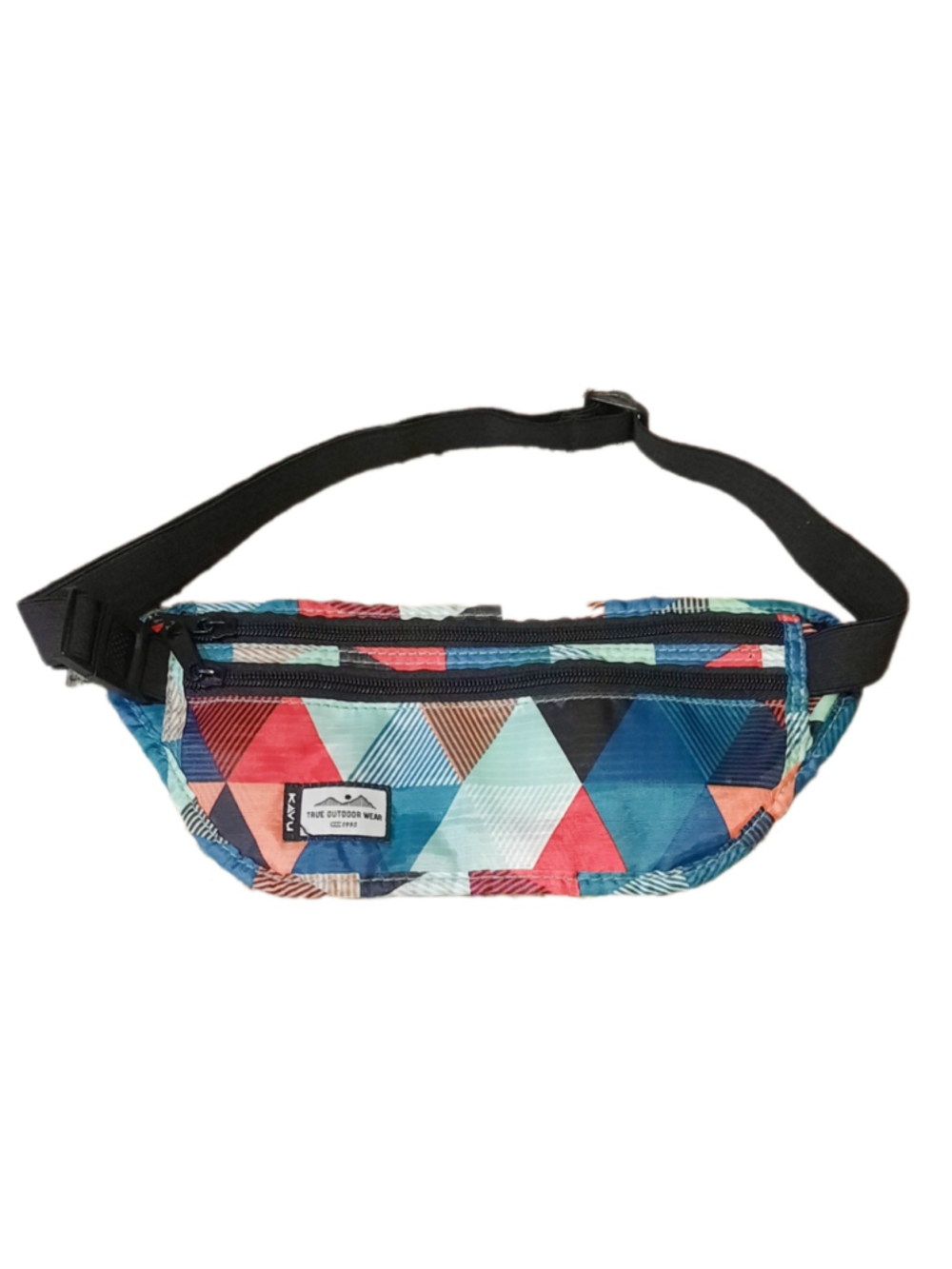 KAVU Hideaway waist bag. geometric triangle pattern. Hiking Fanny Pack